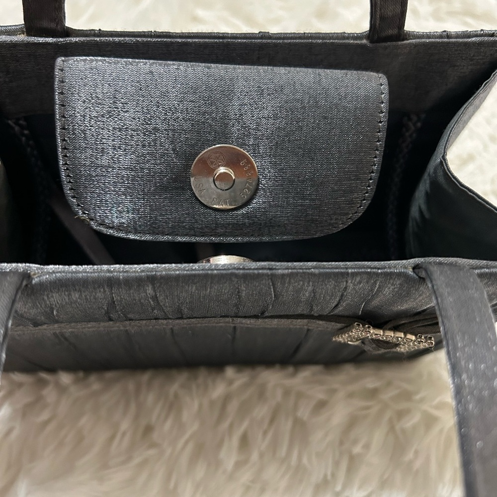 Women Metallic Clutch with Rhinestone Accent. Small purse dark grey with mirror - Picture 8 of 13